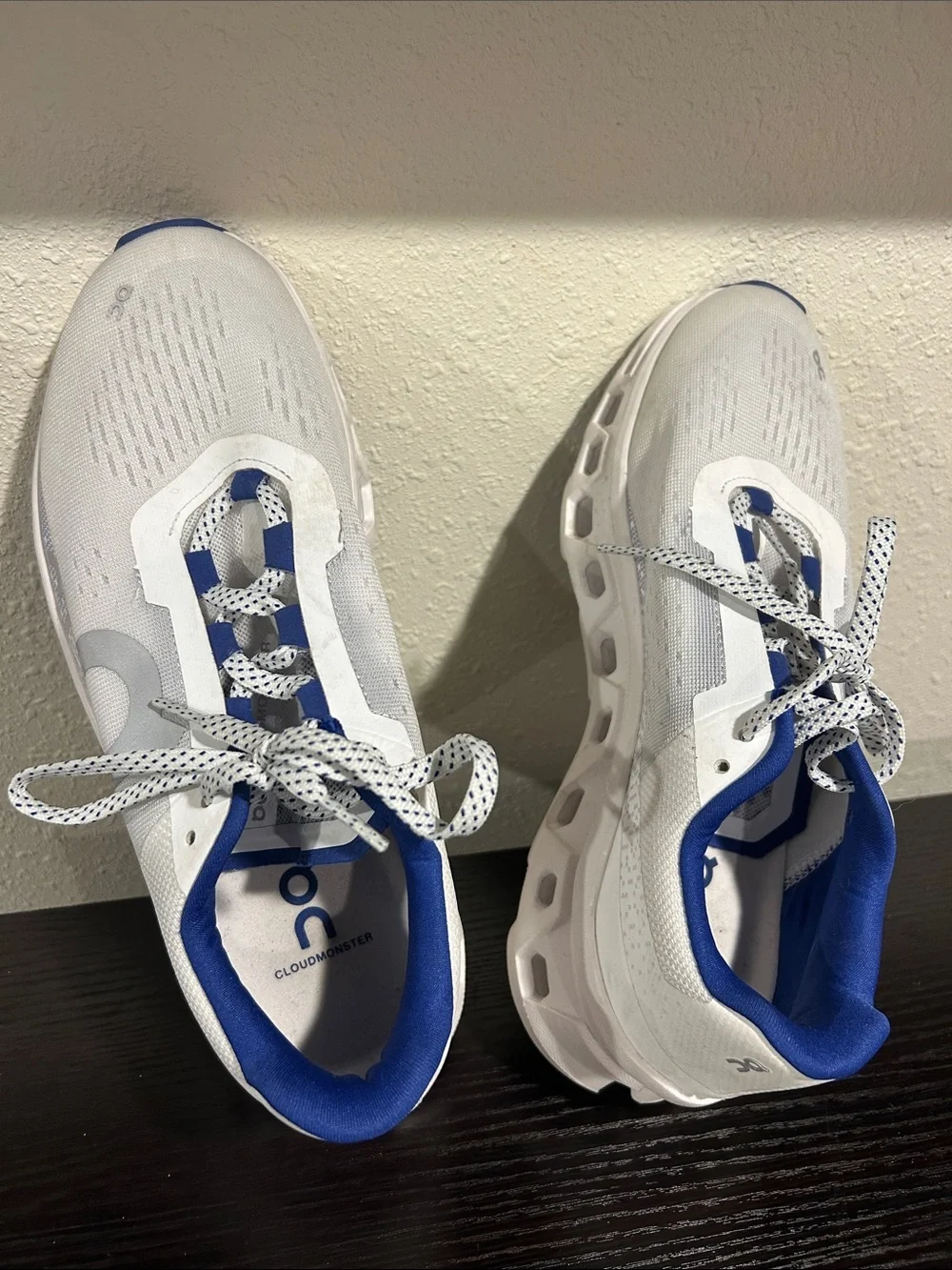 On Running White and Blue Cloudmonster Sneakers